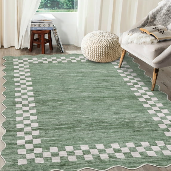 HOMERRY Scalloped Border Plaid Non Slip Area Rug 6' x 9' for Living Room Washable Indoor Carpet, Green