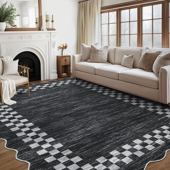 HOMERRY Scalloped Border Plaid Non Slip Area Rug 8' x 10' for Living Room Washable Indoor Carpet, Gray/Black