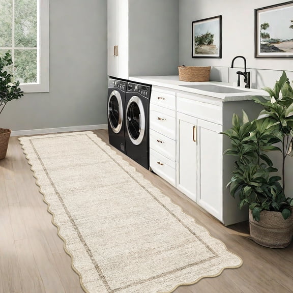 HOMERRY Scalloped Border Runner 2' x 6' for Hallway Modern Washable Throw Rugs for Kitchen Indoor Carpet, Beige