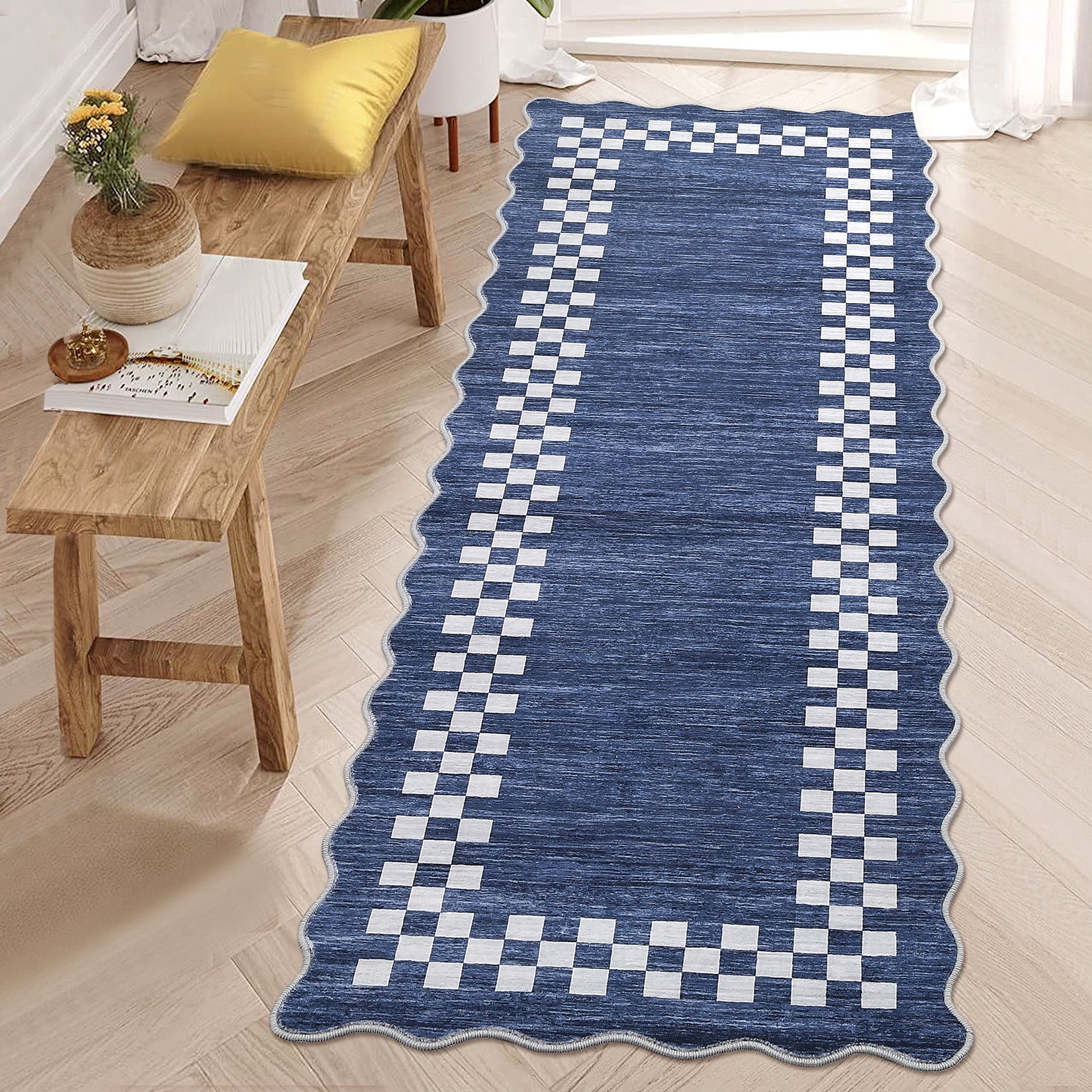 HOMERRY Scalloped Border Runner 2' x 6' for Hallway Modern Washable Throw Rugs for Kitchen Indoor Carpet, Blue