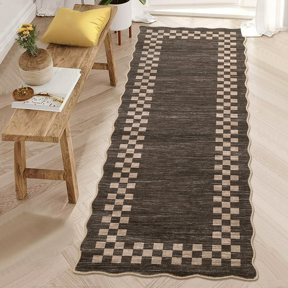 HOMERRY Scalloped Border Runner 2' x 6' for Hallway Modern Washable Throw Rugs for Kitchen Indoor Carpet, Brown