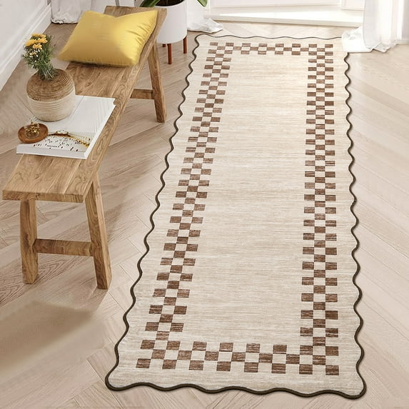 HOMERRY Scalloped Border Runner 2' x 6' for Hallway Modern Washable Throw Rugs for Kitchen Indoor Carpet, Camel