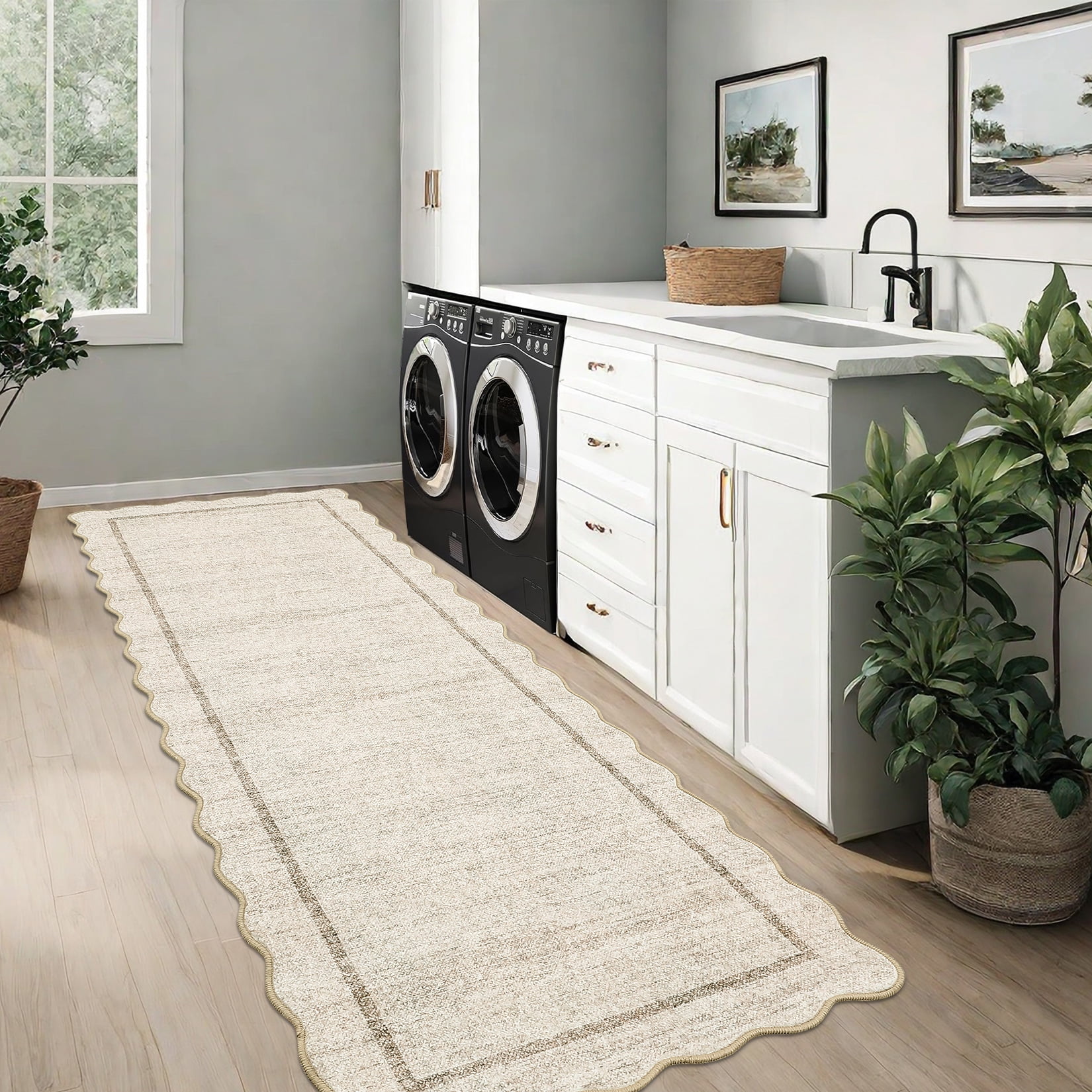 HOMERRY Scalloped Border Runner 2' x 8' for Hallway Modern Washable Throw Rugs for Kitchen Indoor Carpet, Beige