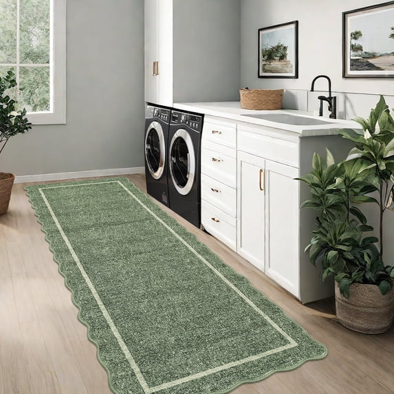 HOMERRY Scalloped Border Runner 2' x 8' for Hallway Modern Washable Throw Rugs for Kitchen Indoor Carpet, Green