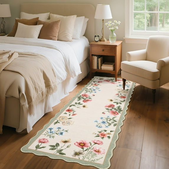 HOMERRY Scalloped Floral Runner 2' x 6' for Hallway Modern Washable Throw Rugs for Kitchen Indoor Carpet, Beige