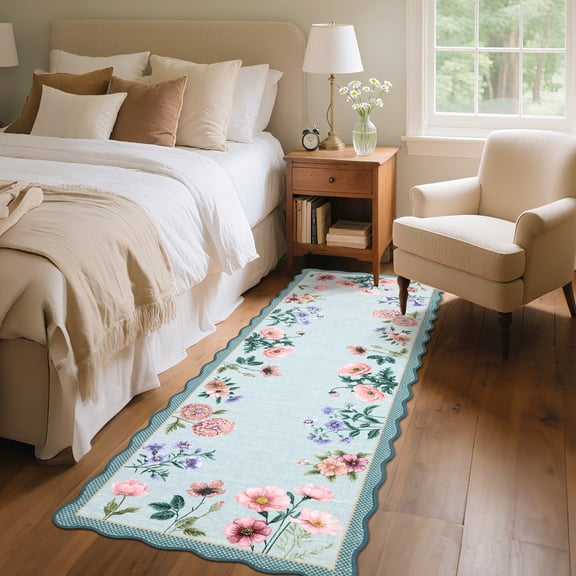 HOMERRY Scalloped Floral Runner 2' x 6' for Hallway Modern Washable Throw Rugs for Kitchen Indoor Carpet, Blue