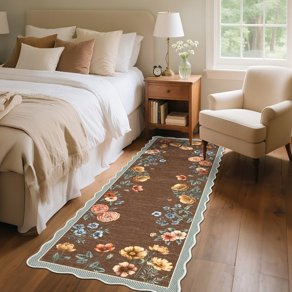 HOMERRY Scalloped Floral Runner 2' x 6' for Hallway Modern Washable Throw Rugs for Kitchen Indoor Carpet, Brown
