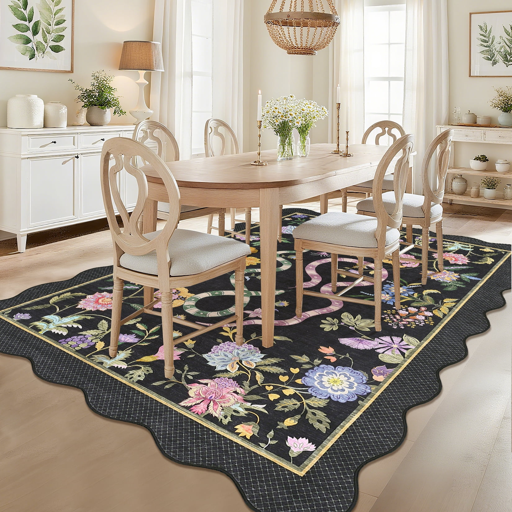 HOMERRY Scalloped Snake Animal Floral Print Non Slip Area Rug 10' x 13' for Living Room Washable Indoor Carpet, Black