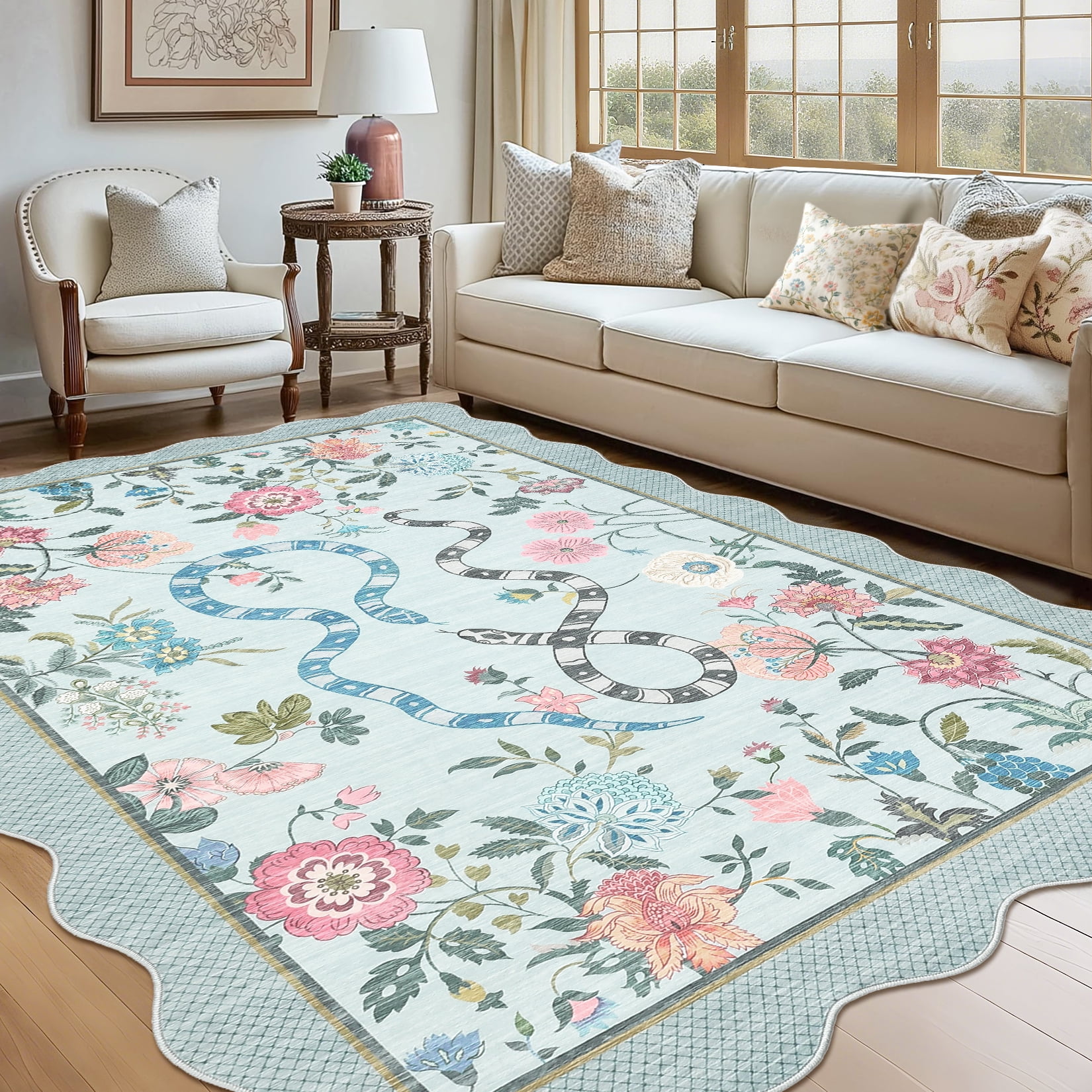 HOMERRY Scalloped Snake Animal Floral Print Non Slip Area Rug 8' x 10' for Living Room Washable Indoor Carpet, Blue