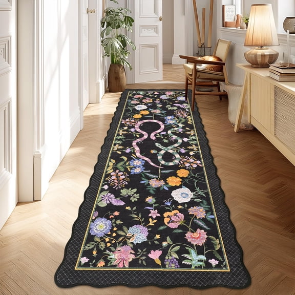 HOMERRY Scalloped Snake Animal Floral Print Runner 2' x 6' for Hallway Modern Washable Throw Rugs for Kitchen Indoor Carpet, Black