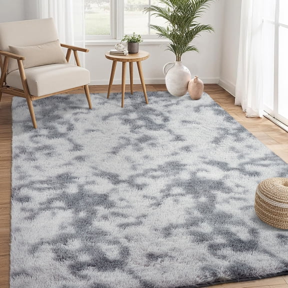 HOMERRY Shag Area Rug 9' x 12' Indoor Plush Tie-dyed Fluffy Rugs Shaggy Carpet for Living Room, Light Gray