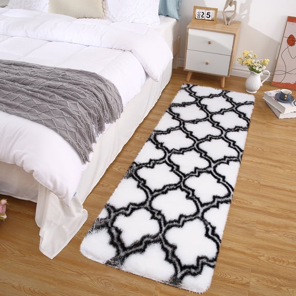 HOMERRY Shaggy Runner Rug 2' x 6' Fluffy Bedroom Rug Moroccan Entryway Rug for Living Room, White/Black