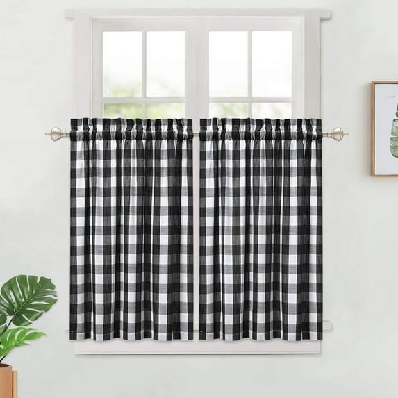HOMERRY Tier Curtains 28"W x 36"L Plaid Gingham Pattern Short Bathroom Cafe Window Curtains, Black White, 2 Panels