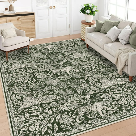 HOMERRY Tiger Pattern Print Low Pile Area Rug 10' x 13' Rug for Living Room Washable Non-Shed Carpet, Green