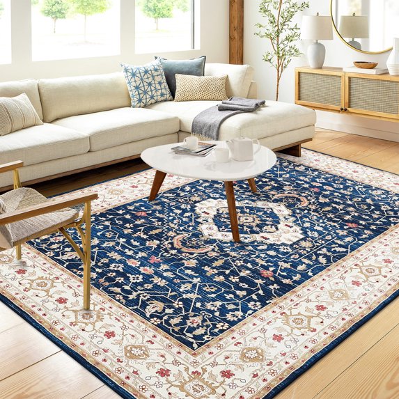 HOMERRY Tribal Throw Rugs Area Rug 3' x 5' Vintage Floral Area Rug Washable Non-Slip Carpet for Living Room Accent Low Pile Bedroom Floor Cover, Blue