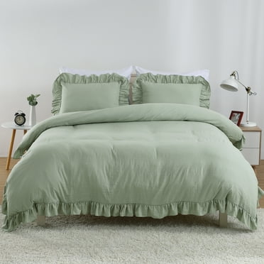 HOMERRY Twin Size Ruffles Pattern Soft Breathable Comforter Cover Farmhouse Bedding Set, 2Pcs, Green, 68×90 in