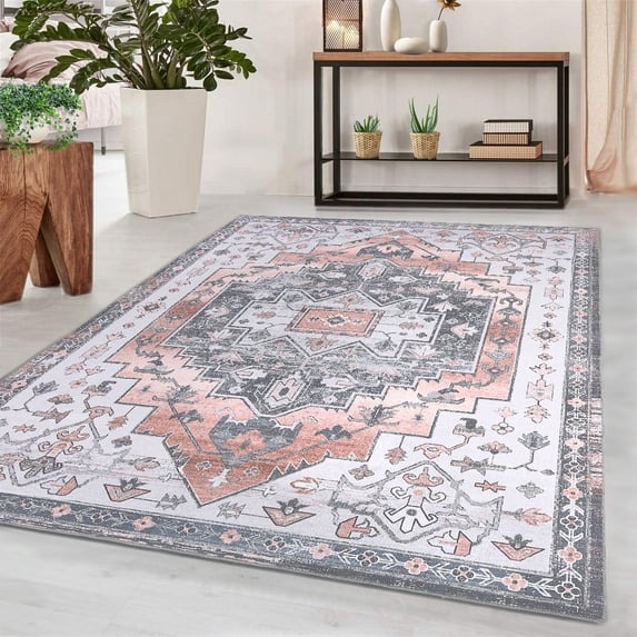 HOMERRY Vintage Area Rug Large Orange Persian Rug 9x12 ft Accent Floral Distressed Floor Carpet Low Pile Area Rug for Indoor Living Room Bedroom Home Office