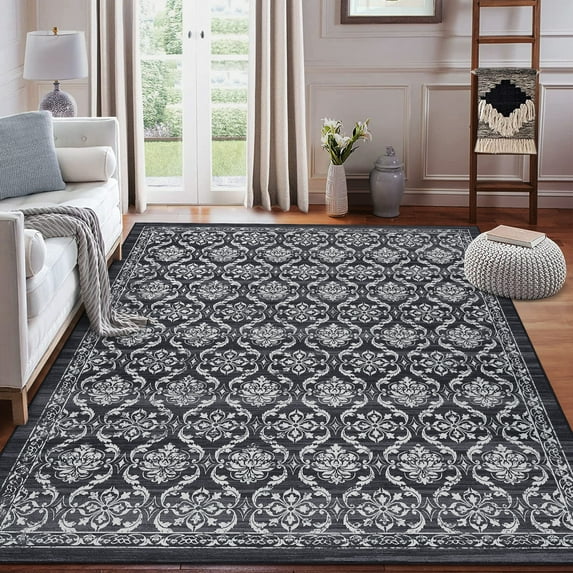 HOMERRY Vintage Washable Rugs 4' x 6' Area Rugs for Living Room Moroccan Floral Print Rug Indoor Non-Slip Floor Cover, Black/Gray