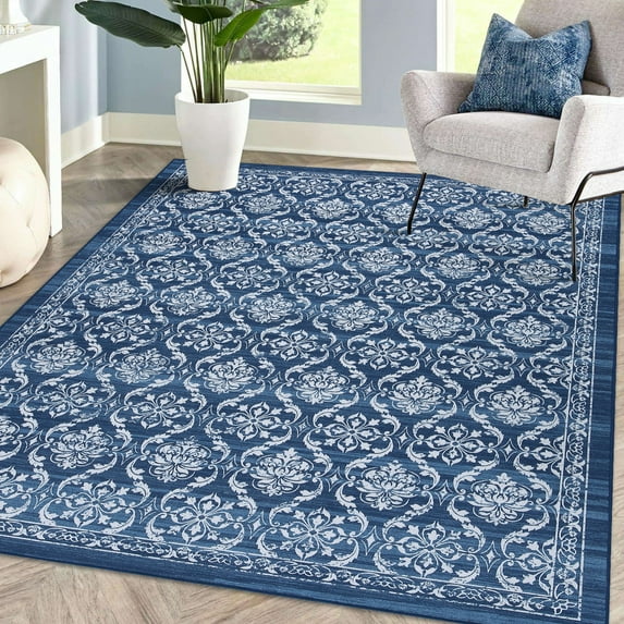 HOMERRY Vintage Washable Rugs 5' x 7' Area Rugs for Living Room Moroccan Floral Print Rug Indoor Non-Slip Floor Cover, Blue