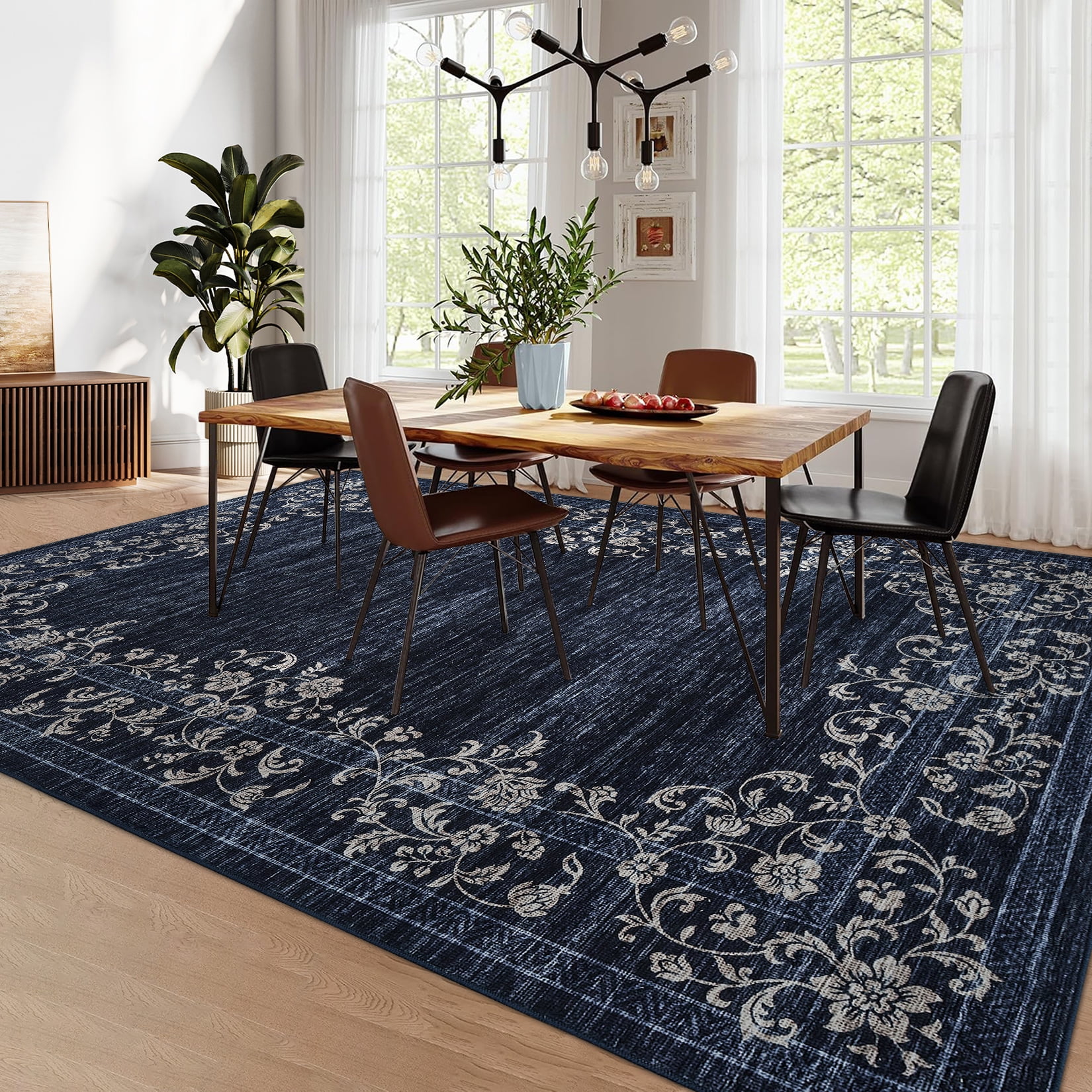 HOMERRY Washable 10' x 13' Area Rug for Living Room Farmhouse Modern Floral Bordered Dark Blue Rug Stain Resistant Large Indoor Carpet