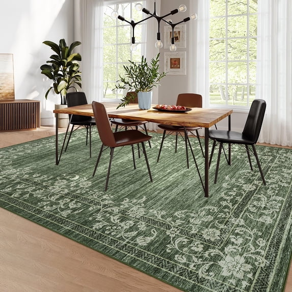 HOMERRY Washable 10' x 13' Area Rug for Living Room Farmhouse Modern Floral Bordered Green Rug Stain Resistant Large Indoor Carpet