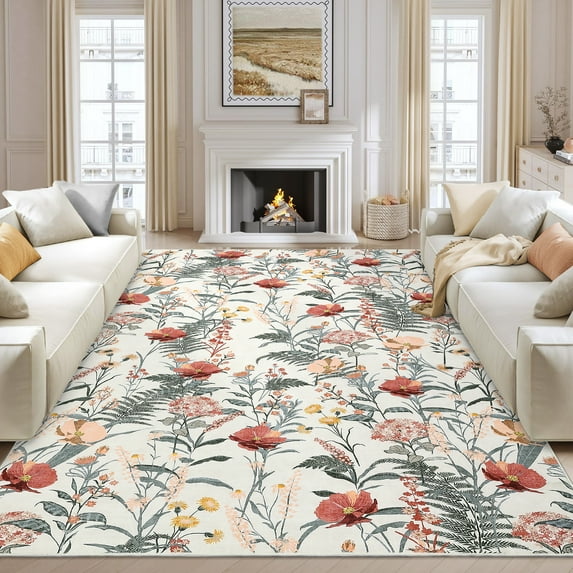 HOMERRY Washable 5' x 7' Area Rug for Living Room Farmhouse Modern Floral Beige Rug Non Shedding Indoor Carpet