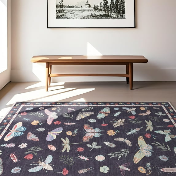 HOMERRY Washable 8' x 10' Area Rug for Living Room Farmhouse Modern Butterfly Pattern Black Rug Non Shedding Indoor Carpet