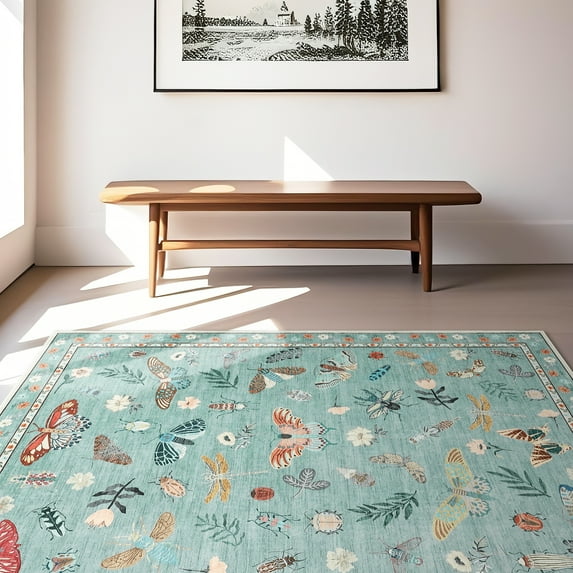 HOMERRY Washable 8' x 10' Area Rug for Living Room Farmhouse Modern Butterfly Pattern Green Rug Non Shedding Indoor Carpet