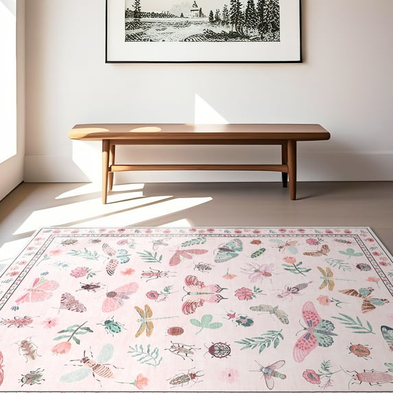 HOMERRY Washable 8' x 10' Area Rug for Living Room Farmhouse Modern Butterfly Pattern Pink Rug Non Shedding Indoor Carpet