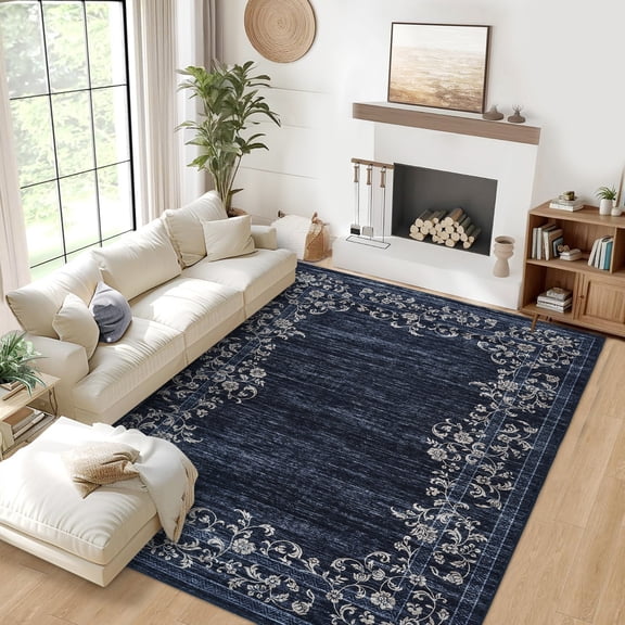 HOMERRY Washable 8' x 10' Area Rug for Living Room Farmhouse Modern Floral Bordered Dark Blue Rug Non Shedding Indoor Carpet