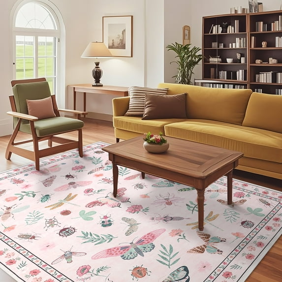 HOMERRY Washable 9' x 12' Area Rug for Living Room Farmhouse Modern Butterfly Pattern Pink Rug Non Slip Large Indoor Carpet