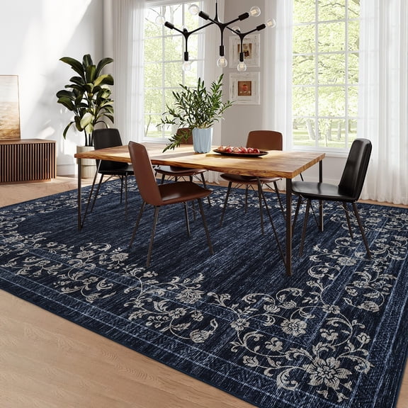 HOMERRY Washable 9' x 12' Area Rug for Living Room Farmhouse Modern Floral Bordered Dark Blue Rug Non Slip Large Indoor Carpet