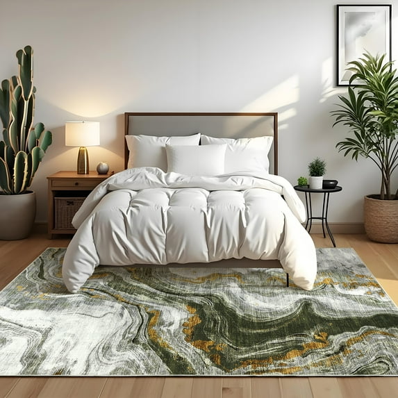 HOMERRY Washable Abstract 5' x 7' Area Rug for Living Room Non-Slip Indoor Carpet, Green