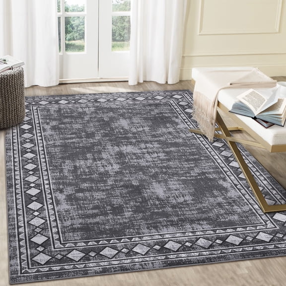 HOMERRY Washable Area Rug 5' x 7' Geometric Border Indoor Carpet for Living Room Non-Slip Floor Cover, Gray
