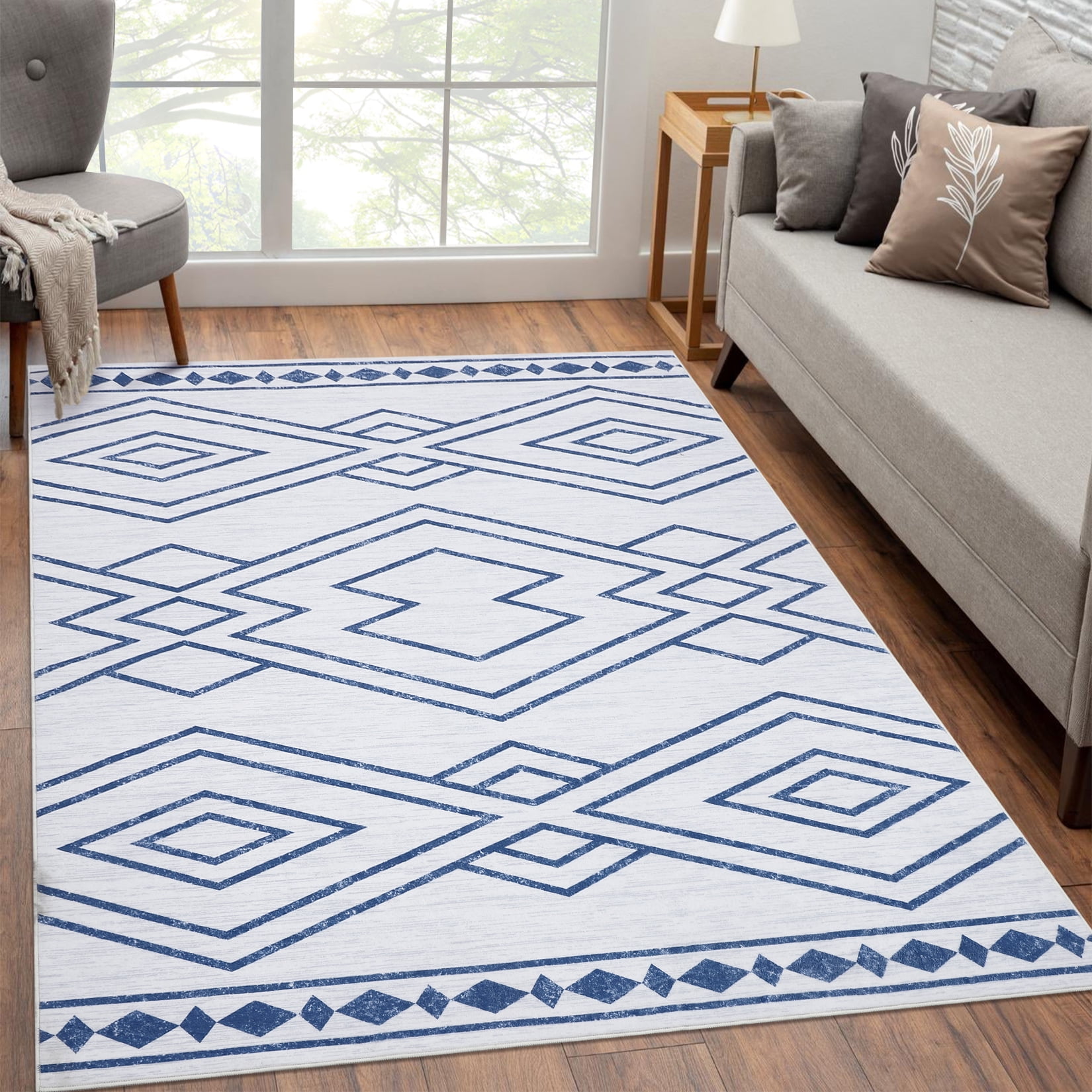 HOMERRY Washable Area Rug 5' x 7' Modern Moroccan Geometric Area Rug for Living Room Bedroom Non-Slip Accent Rug, Blue