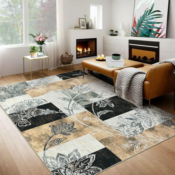HOMERRY Washable Area Rug 5' x 7' Modern Patchwork Plaid Area Rug for Living Room Bedroom Non-Slip Accent Rug, Brown