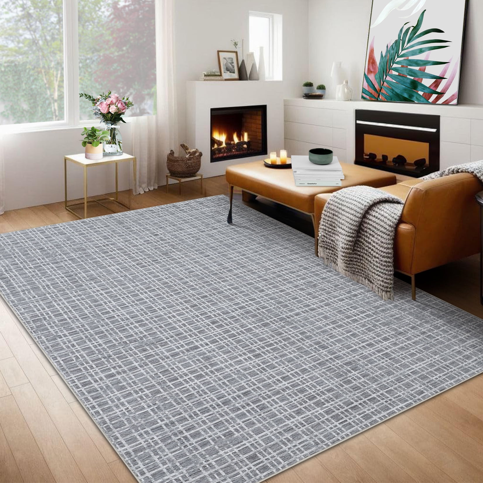 HOMERRY Washable Area Rug 5' x 7' Modern Plaid Area Rug for Living Room Bedroom Non-Slip Accent Rug, Dark Gray