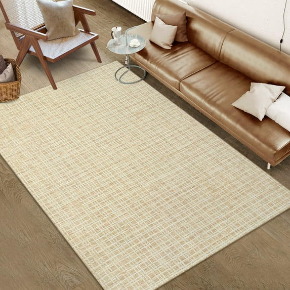 HOMERRY Washable Area Rug 5' x 7' Modern Plaid Area Rug for Living Room Bedroom Non-Slip Accent Rug, Yellow