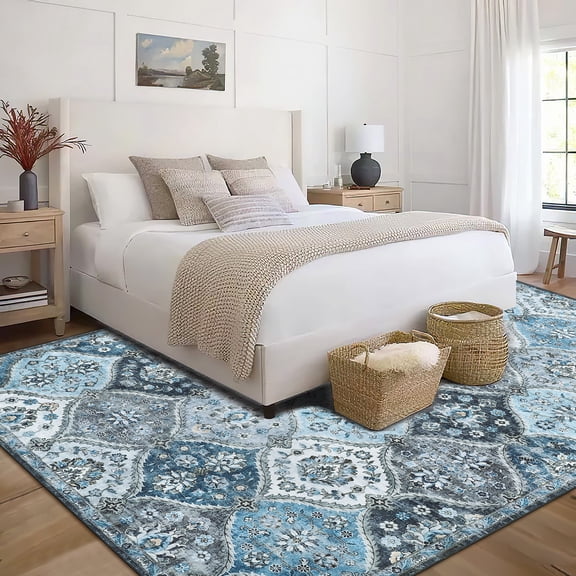HOMERRY Washable Area Rug 5' x 7' Moroccan Trellis Floral Area Rug for Living Room Bedroom Non-Slip Accent Rug, Blue