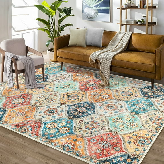 HOMERRY Washable Area Rug 5' x 7' Moroccan Trellis Floral Area Rug for Living Room Bedroom Non-Slip Accent Rug, Orange