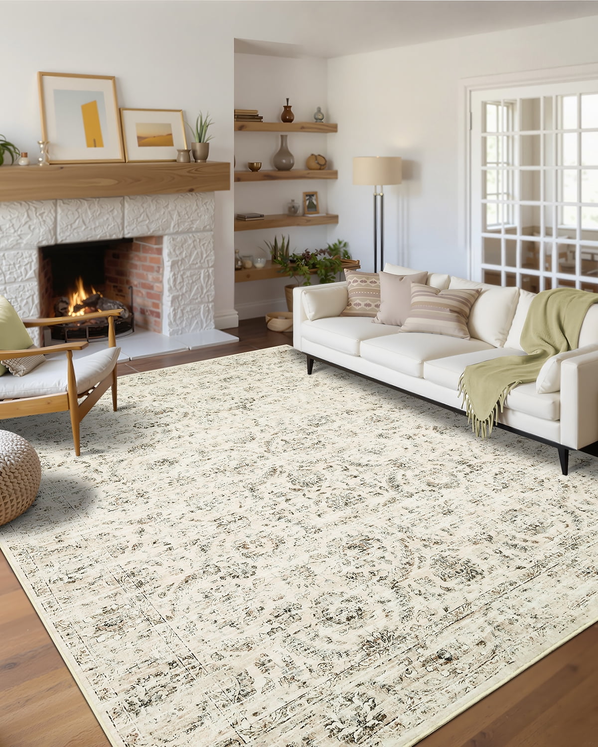 HOMERRY Washable Area Rug 5' x 7' Throw Rug for Living Room Vintage Floral Indoor Floor Cover, Beige