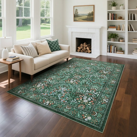 HOMERRY Washable Area Rug 5' x 7' Throw Rug for Living Room Vintage Floral Indoor Floor Cover, Green