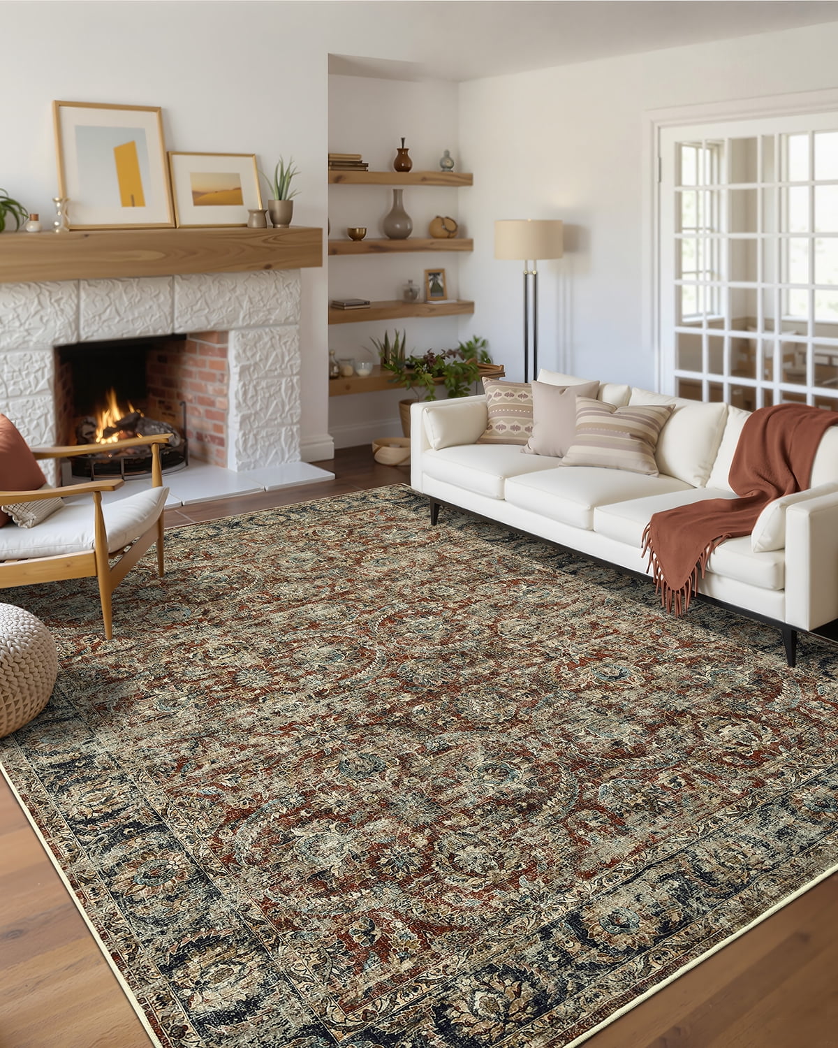 HOMERRY Washable Area Rug 5' x 7' Throw Rug for Living Room Vintage Floral Indoor Floor Cover, Red