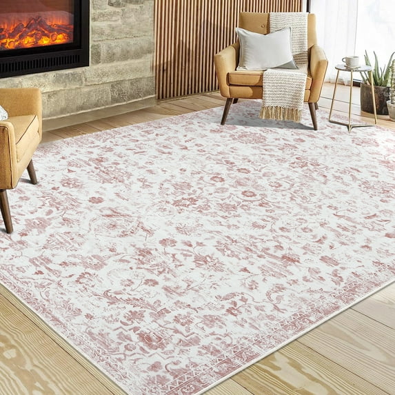 HOMERRY Washable Area Rug 5' x 7' Vintage Floral Area Rug for Living Room Bedroom Non-Slip Accent Rug, Pink