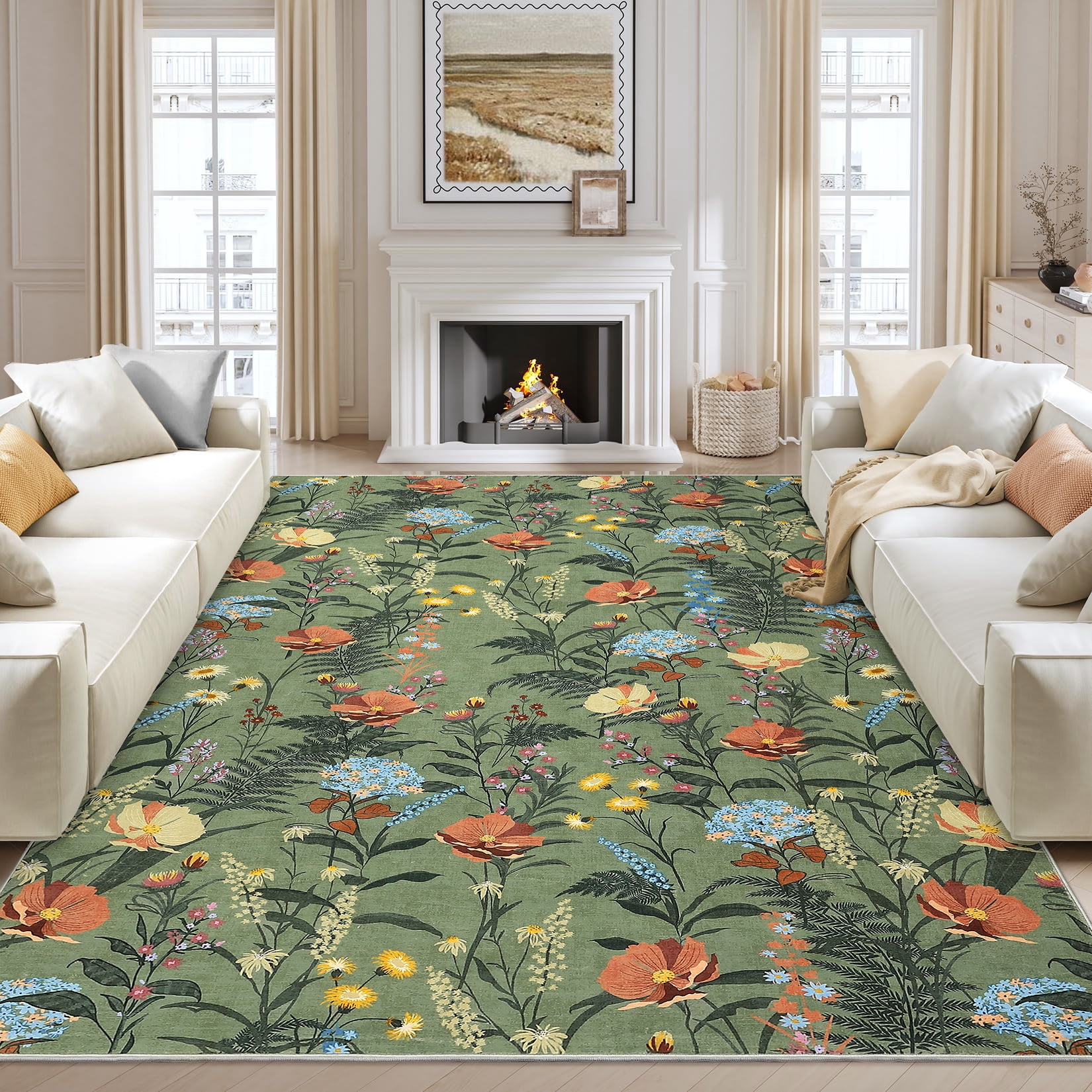 HOMERRY Washable Area Rug 6' x 9' Modern Floral Area Rug for Living Room Bedroom Non-Slip Accent Rug, Pink