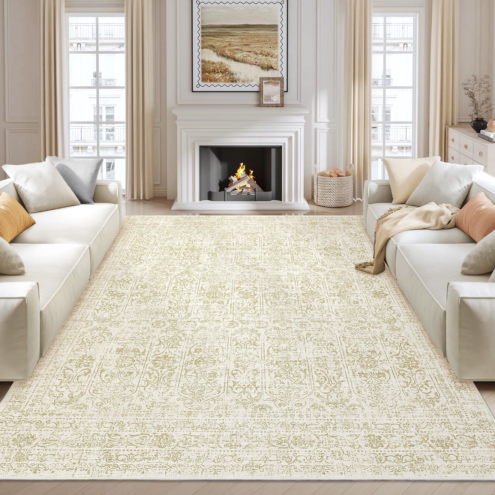 HOMERRY Washable Area Rug 6' x 9' Vintage Floral Area Rug for Living Room Bedroom Non-Slip Accent Rug, Beige