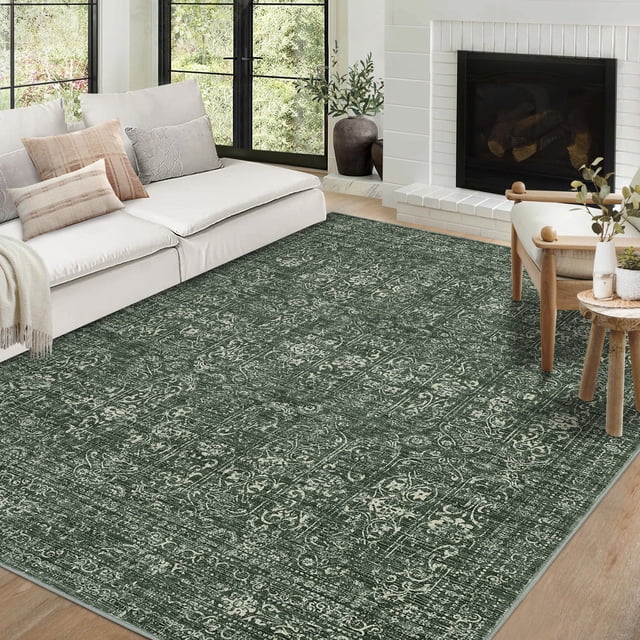 HOMERRY Washable Area Rug 6' x 9' Vintage Floral Area Rug for Living Room Bedroom Non-Slip Accent Rug, Green