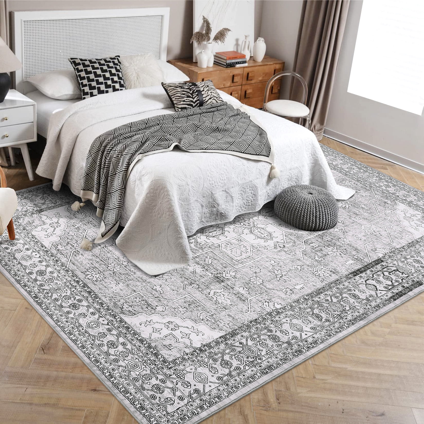 HOMERRY Washable Area Rug 9' x 12' Rug for Living Room Floral Pattern Carpet, Gray