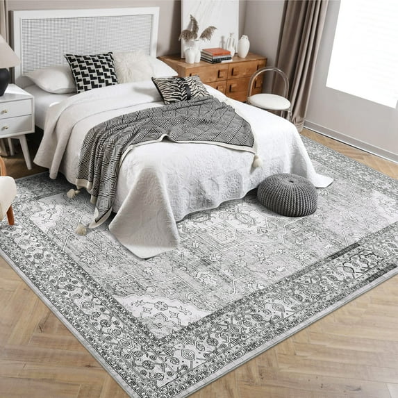 HOMERRY Washable Area Rug 9' x 12' Rug for Living Room Floral Pattern Carpet, Gray
