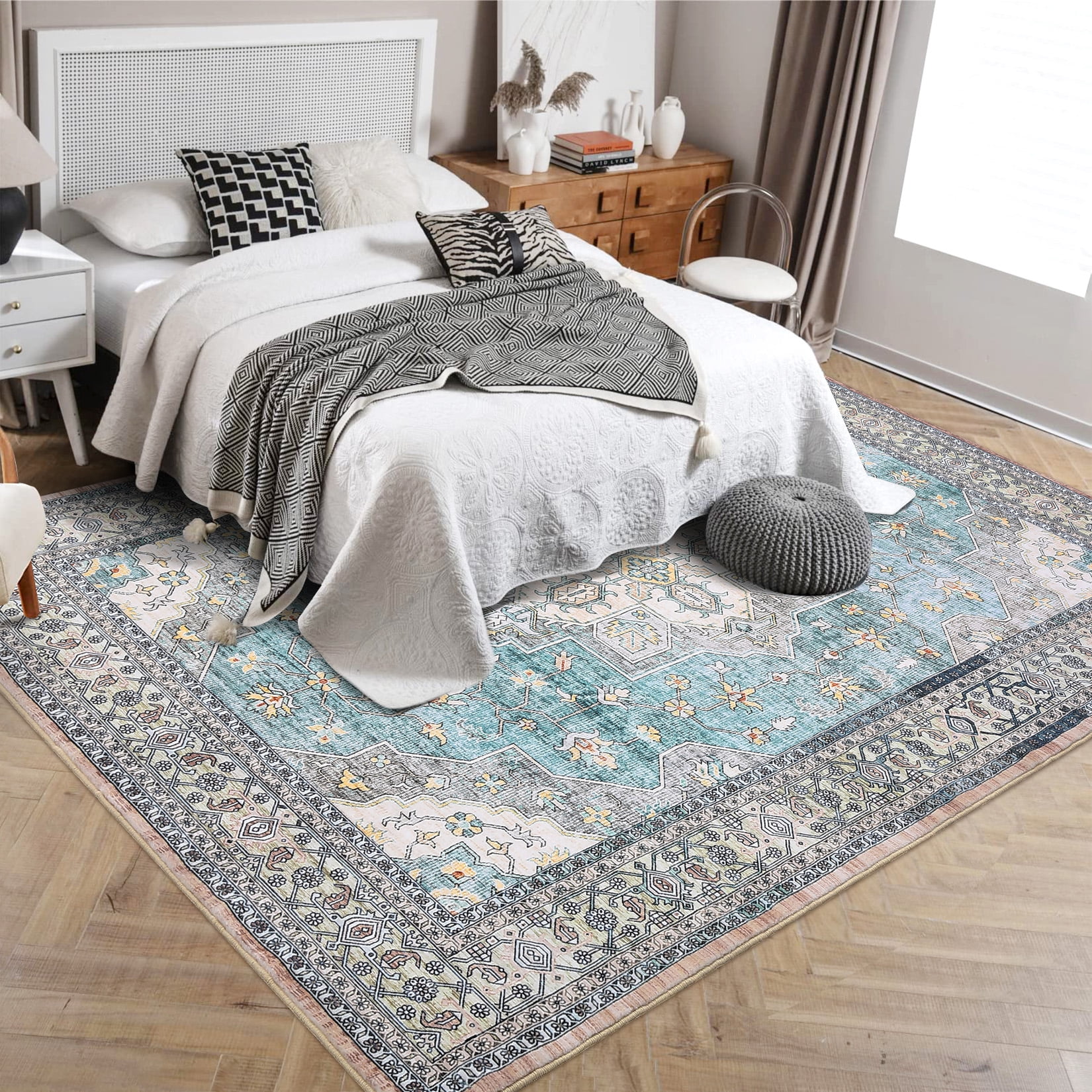 HOMERRY Washable Area Rug 9' x 12' Rug for Living Room Floral Pattern Carpet, Teal